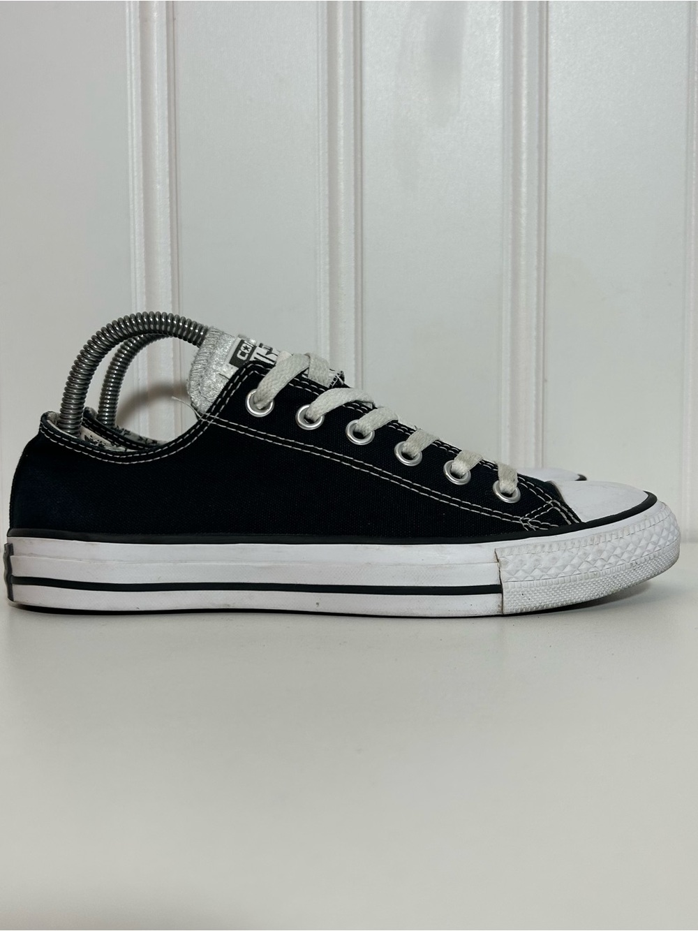Converse ctas low all star black white double tongue metallic silver womenβs 8